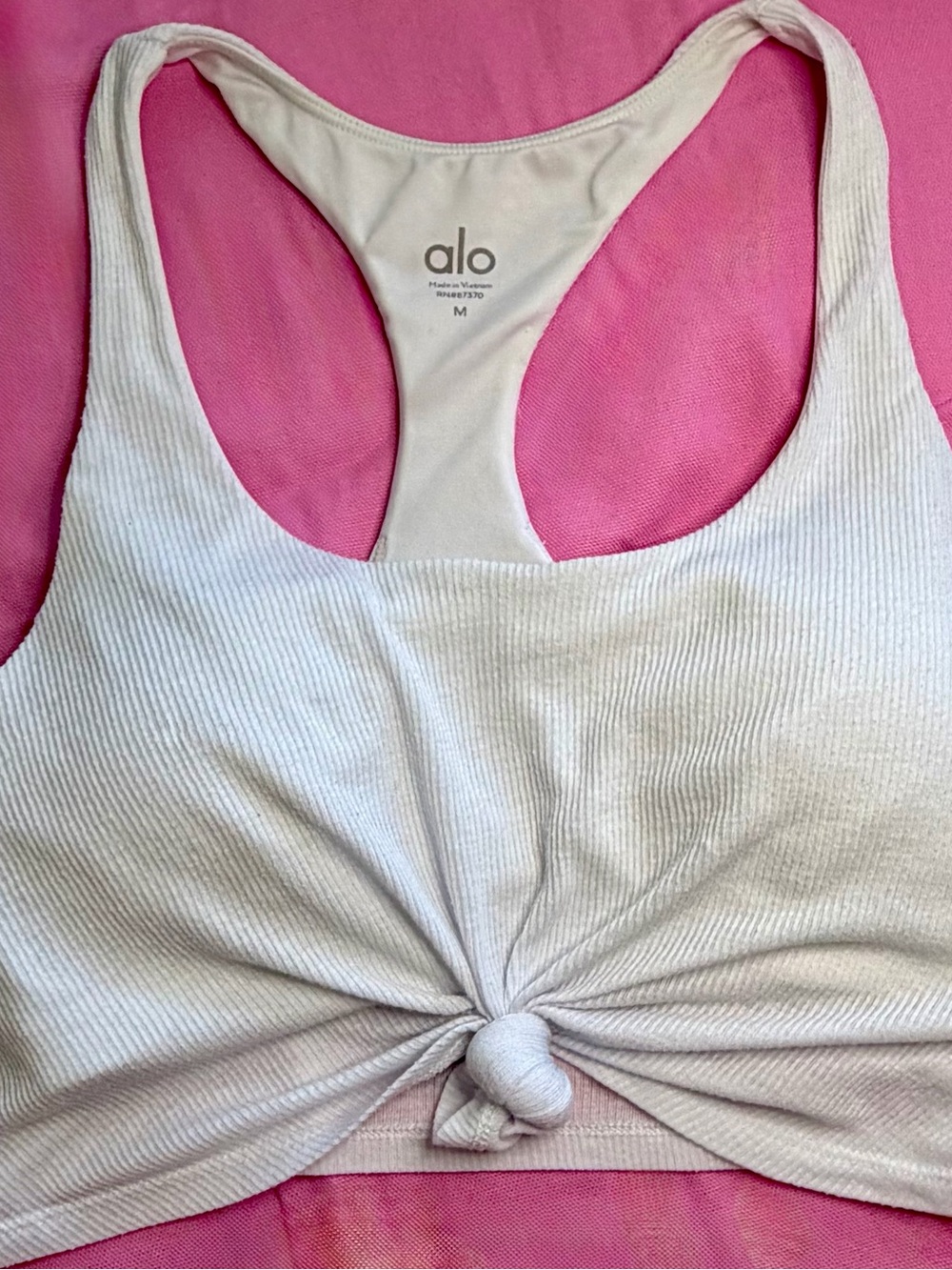 Alo White Ribbed Racerback Knot Front Sports Bra Tank Size M